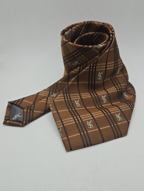 Yves Saint Laurent Brown Plaid Silk Tie with Monogram
